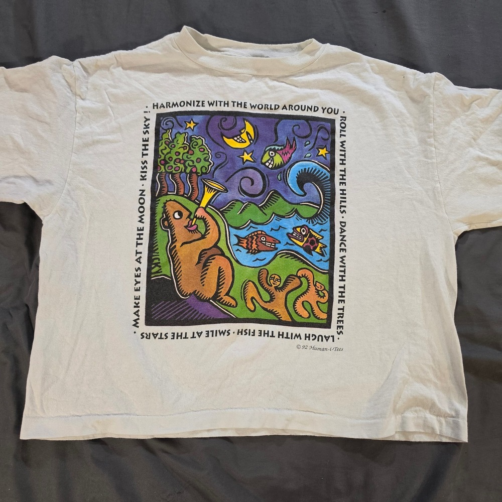 Vtg 1992 Human-i-Tees Nature Graphic T-Shirt White Single Stitch USA Made OSFA